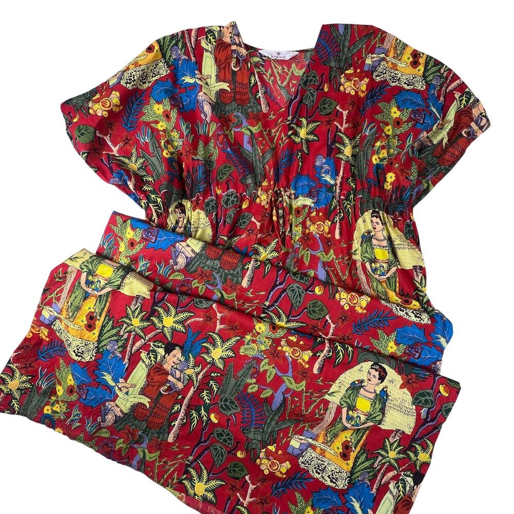 Frida Kahlo Print Kaftan Maxi Dress One Size Red Cotton Resort Caftan Cover Up - Picture 4 of 16